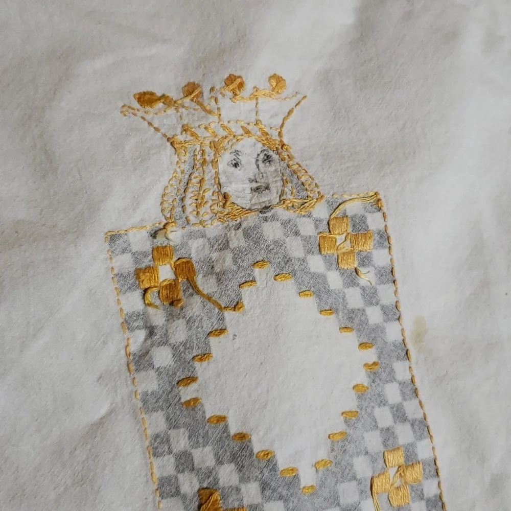 Vintage Card table cover. Handstitched pink an yellow.